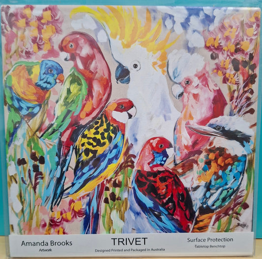 Colorful bird-themed trivet with a decorative border on a turquoise background
