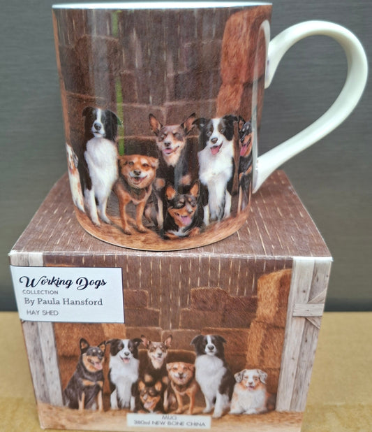 Product packaging with a design of dogs on a wooden floor, featuring a white handle.