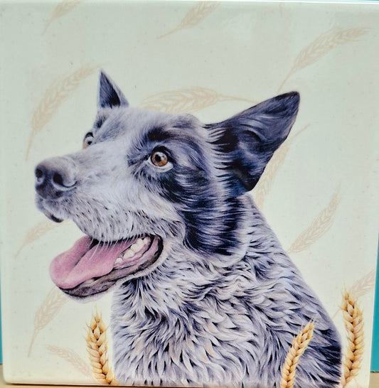 Square ceramic tile with a dog illustration on a teal and black background