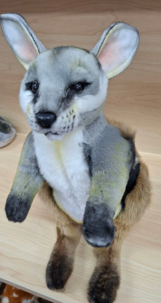 Plush toy kangaroo on a wooden surface