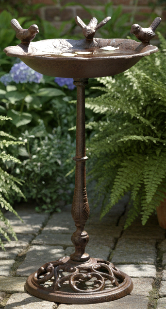 Decorative bird bath with three birds on top, surrounded by greenery and flowers.