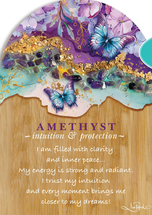 Decorative plaque with resin and gold flake design, featuring amethysts and butterflies, on a white background.