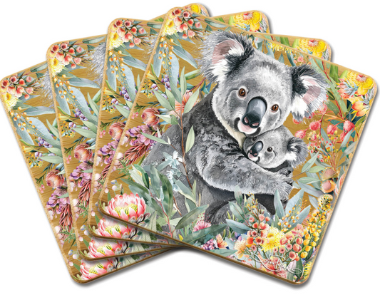 Set of four coasters with a koala design on a floral background