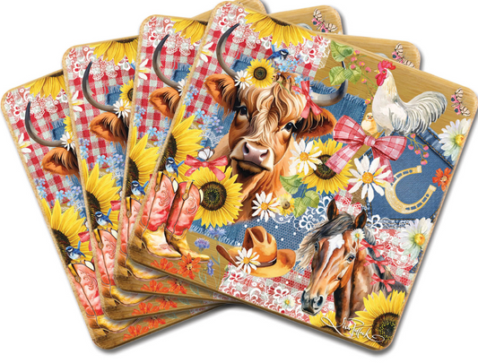 Set of four colorful coasters with animal and floral designs on a white background.