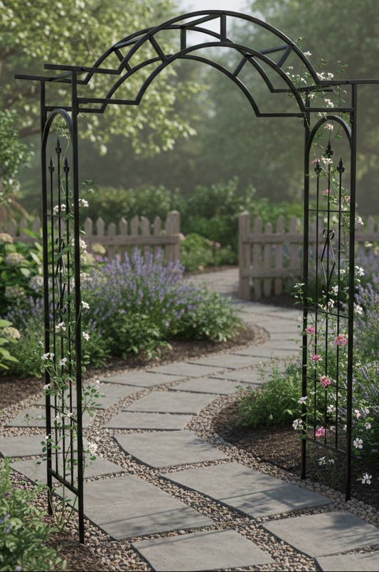 Garden archway with a stone pathway surrounded by flowers and greenery