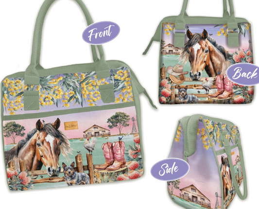 Handbag with horse and floral design on a pastel striped background