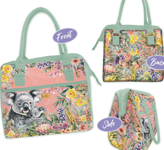 Floral bag with a koala design on a pastel striped background