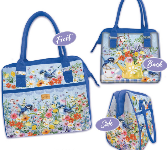 Floral and bird-patterned bag with front, back, and side views on a colorful striped background.