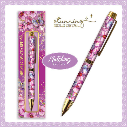 Floral pen with matching gift box on a light purple background