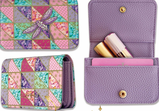 wallets, one patchwork and inside textured, on a decorative background with 'stunning gold detail' text.