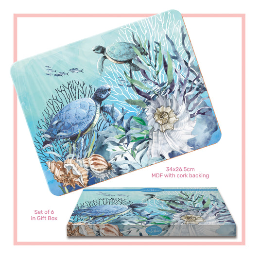 Set of 6 decorative boards with ocean-themed design featuring turtles and corals, in a gift box.