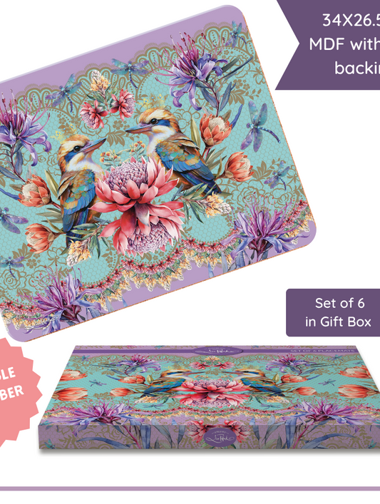 Decorative mouse pad with floral and bird design, set of 6 in gift box, MDF with cork backing.